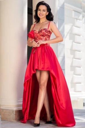 Rochie eleganta rosie Myrela asimetrica din tafta