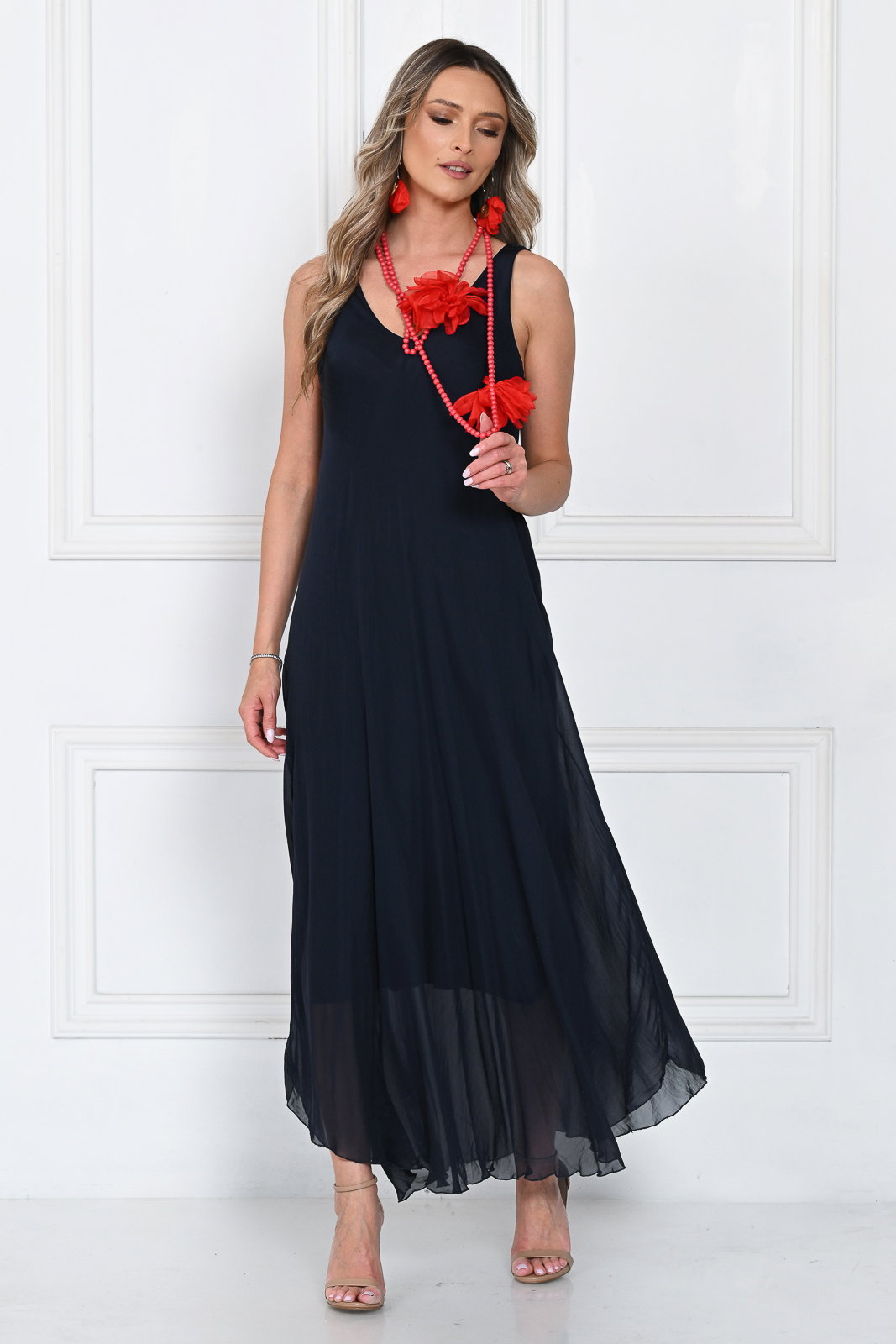 Rochie lunga din matase cu croi fluid si bretele fine