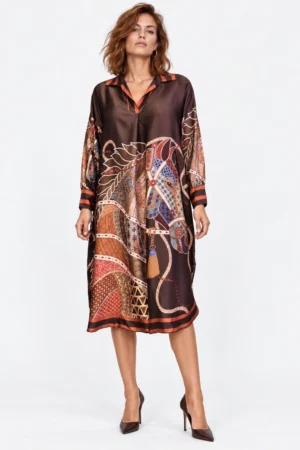 Rochie midi satinata din matase si vascoza cu imprimeu cai
