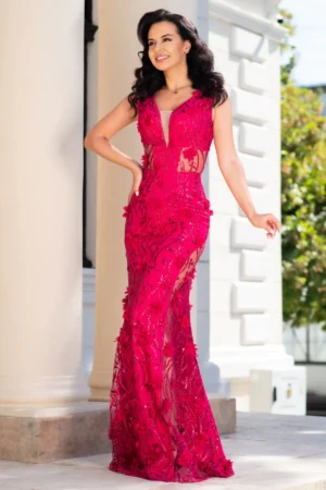 Rochie lunga zmeura sirena Alejandra cu glitter si flori 3D