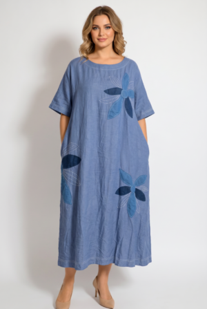 Rochie maxi bleu din denim subtire cu aplicatii florale couture