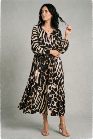 Rochie maxi din vascoza mata cu imprimeu animal print mixt