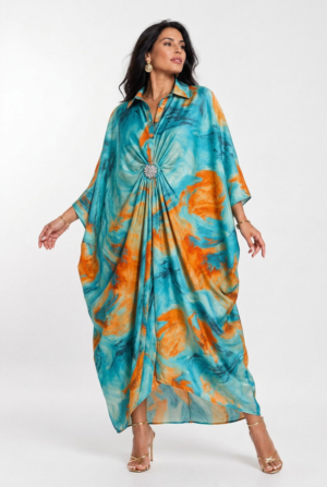 Rochie maxi tip caftan cu imprimeu aqua portocaliu