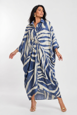 Rochie maxi tip caftan cu imprimeu grafic albastru bej