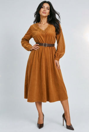 Rochie midi din catifea reiata de bumbac cu dantela si curea