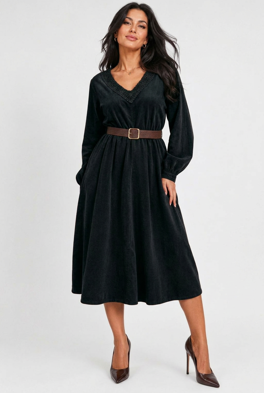 Rochie midi din catifea reiata de bumbac cu dantela si curea