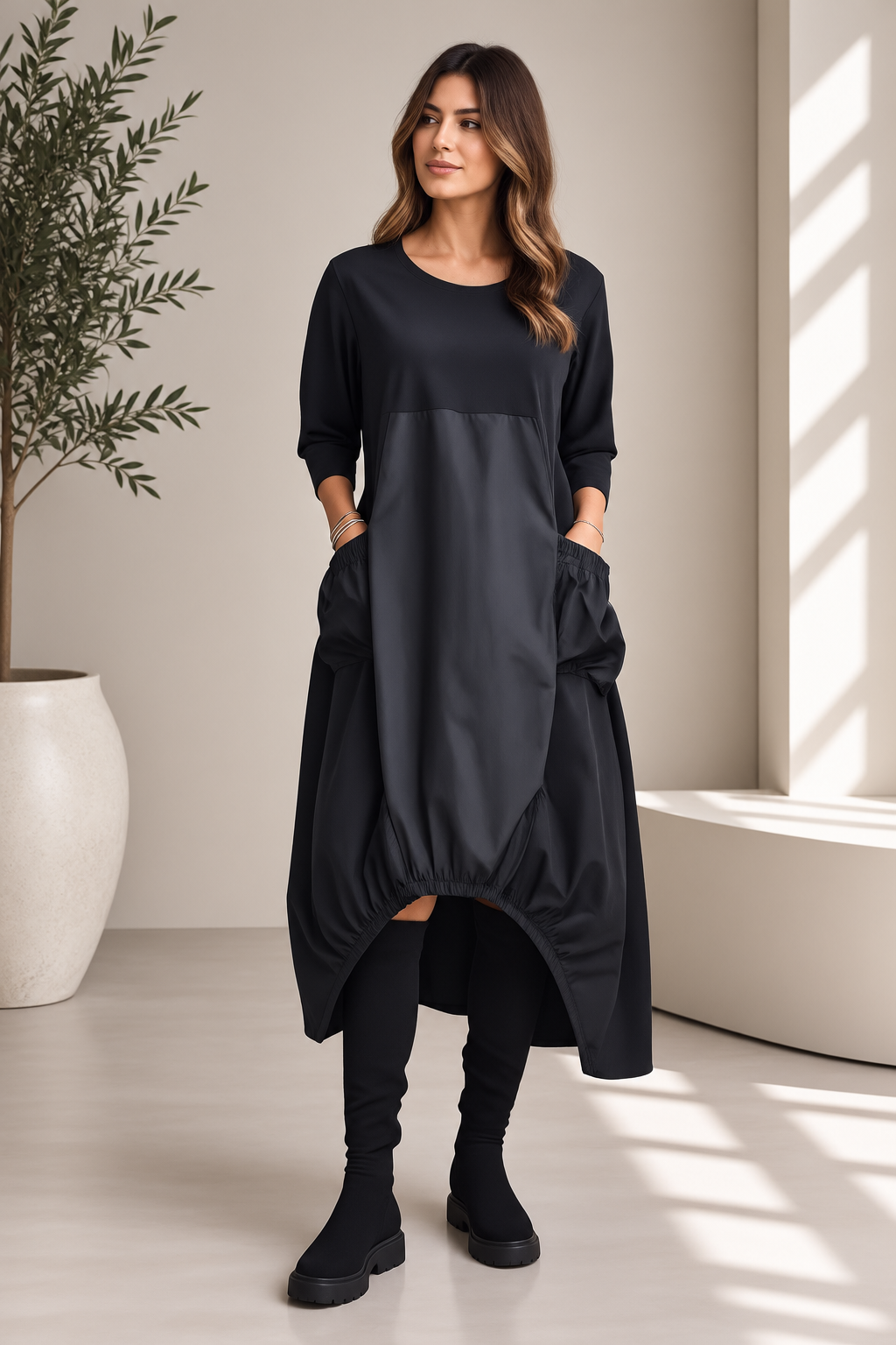 Rochie midi oversize cu itafta si croi asimetric